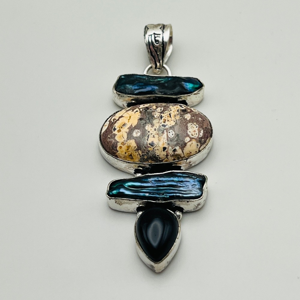 Silver Tone Multi Stone Pendant Abalone Jasper Black Onyx Statement Necklace